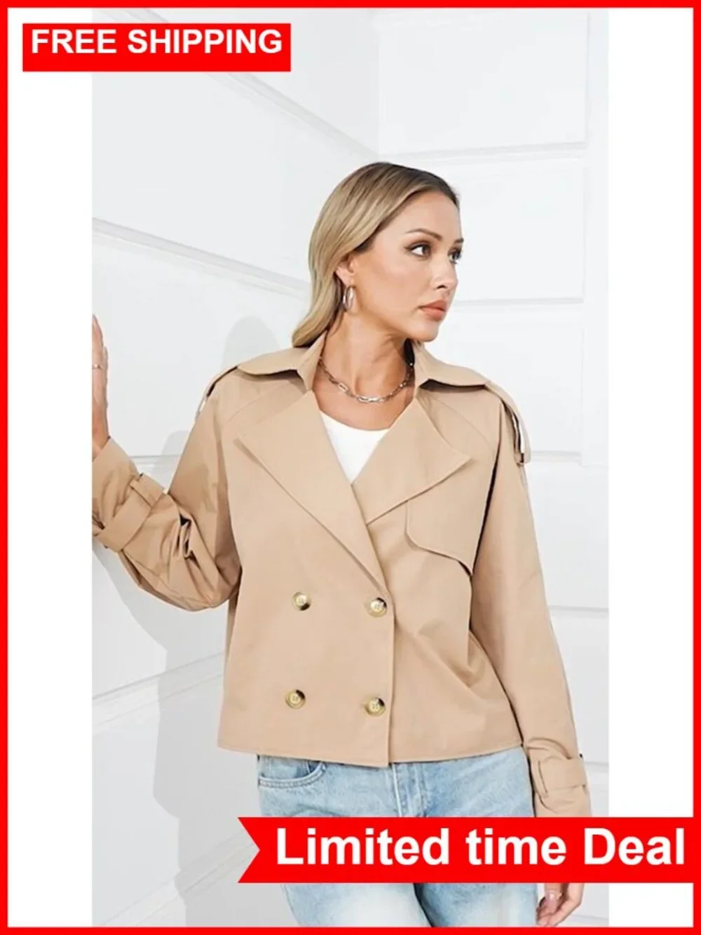 Cropped Trench Coat Oversized Double Breasted Lapel Short Jacket